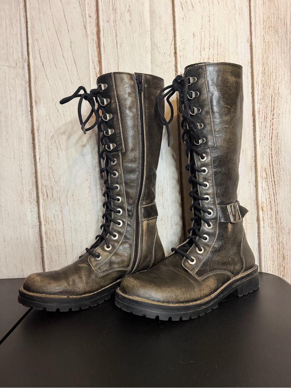 Chacal Distressed Leather Lace-Up Knee High Boots With Side Zip Size 39
